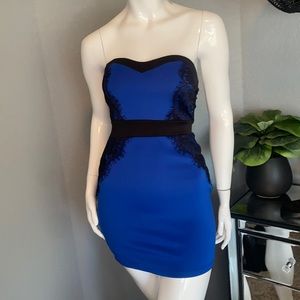 Blue and black strapless mini dress